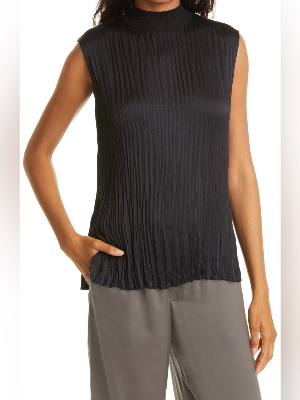 Vince Plisse Mock Neck Pleated Sleeveless Shell